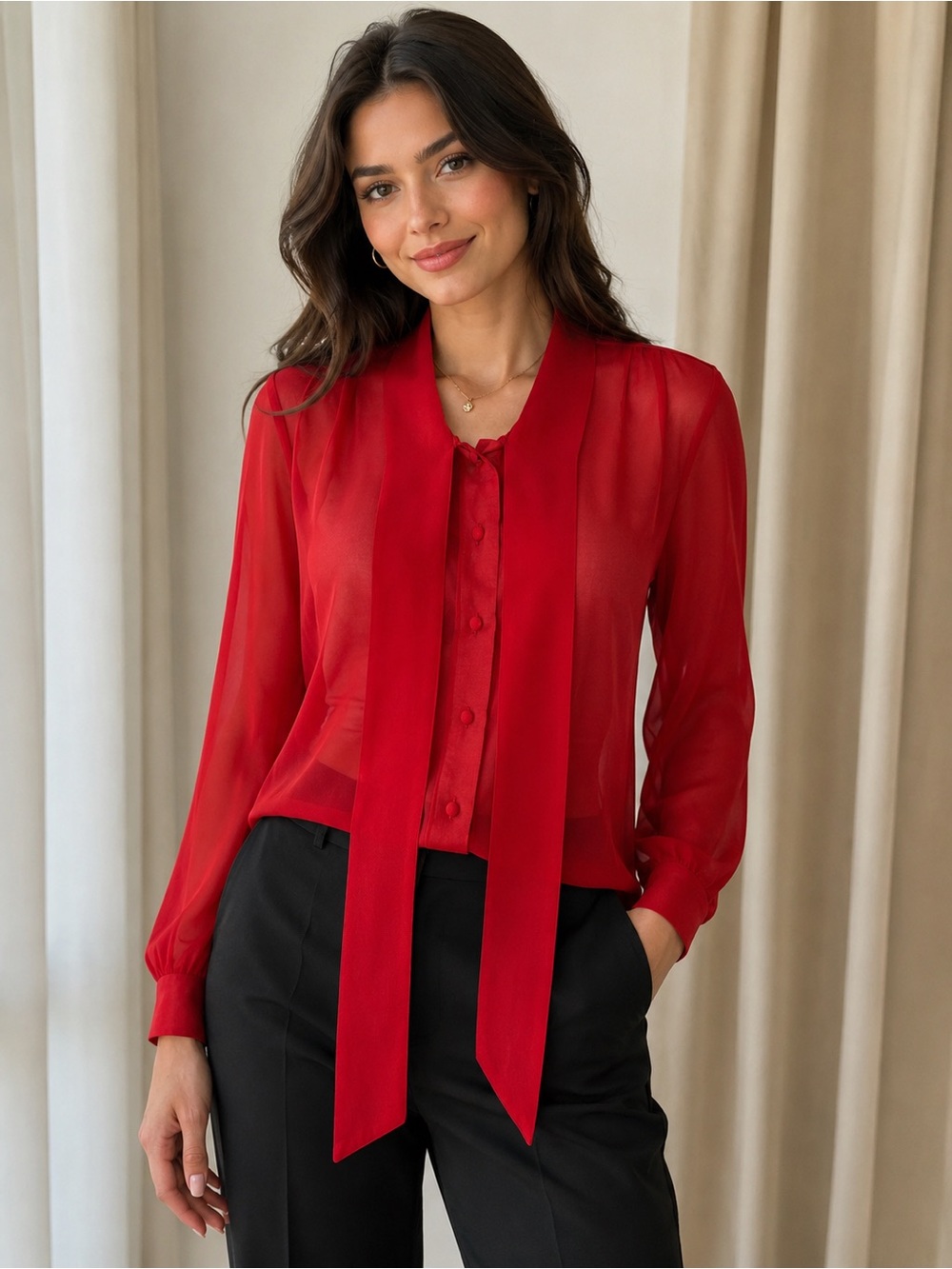 Alice Moon- Red Sheer Tie-Neck Blouse Size Medium
